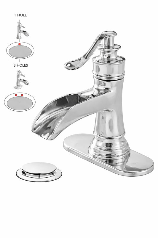 BWE Waterfall Single Hole Single Handle Low Arc Bathroom Faucet With Pop up Drain Assembly in Polished Chrome
