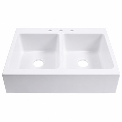 SINKOLOGY Josephine 34 in 3 Hole Quick Fit Farmhouse Apron Front Drop in Double Bowl Crisp White Fireclay Kitchen Sink