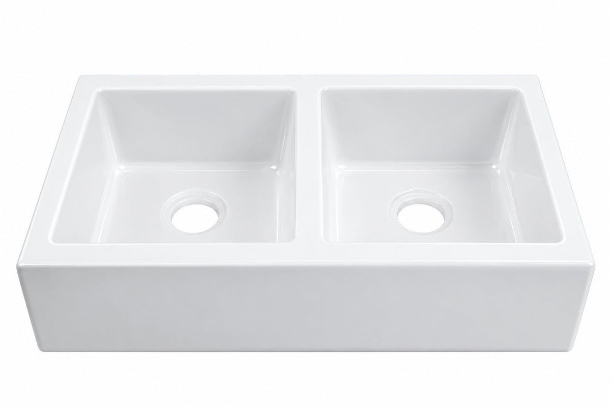 SINKOLOGY Parker 34 in 3 Hole Quick Fit Farmhouse Apron Front Drop In Double Bowl Crisp White Fireclay Kitchen Sink SK453 34FC