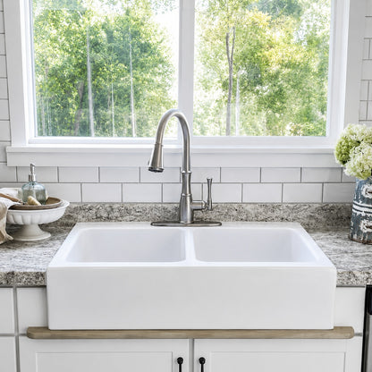 SINKOLOGY Josephine 34 in 3 Hole Quick Fit Farmhouse Apron Front Drop in Double Bowl Crisp White Fireclay Kitchen Sink