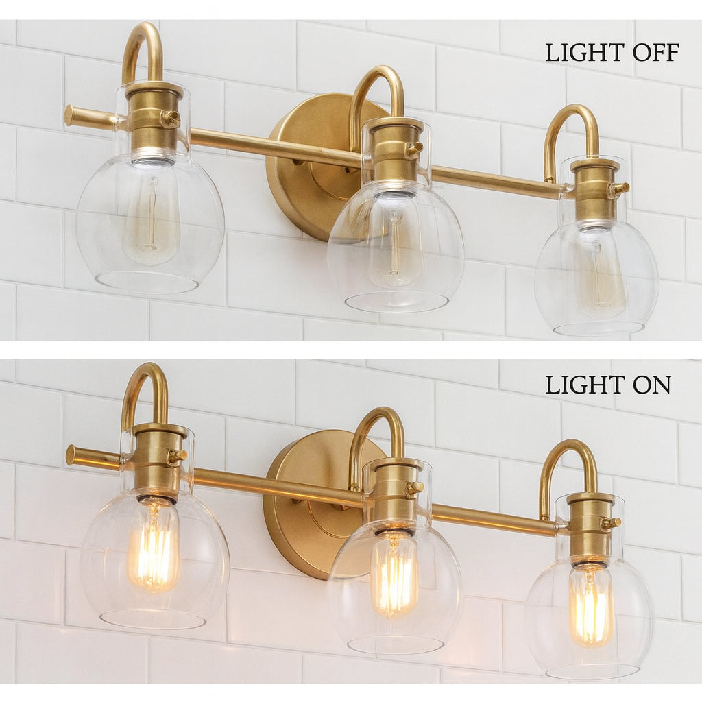 LNC Robb Modern 3-Light Gold Bathroom Vanity Light Interior Powder Room Lighting with Clear Globe Shades
