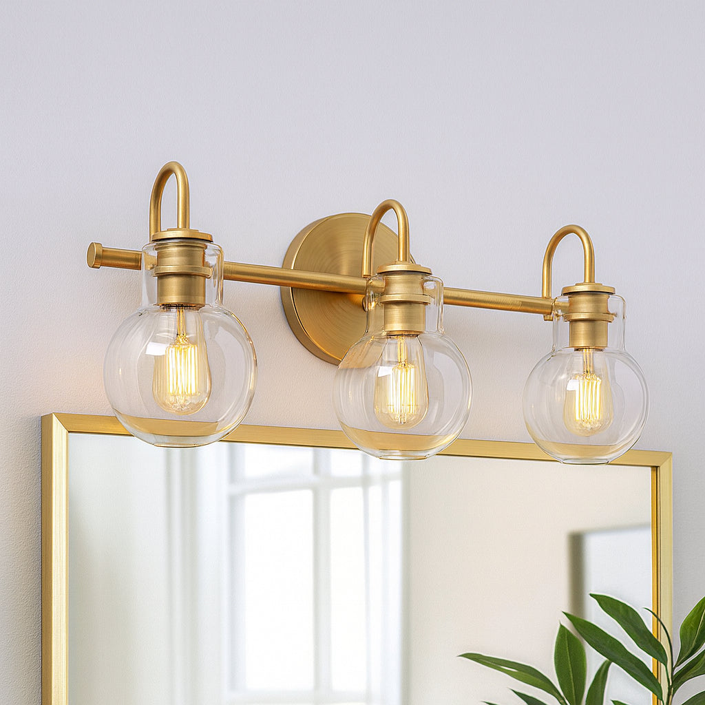 LNC Robb Modern 3-Light Gold Bathroom Vanity Light Interior Powder Room Lighting with Clear Globe Shades