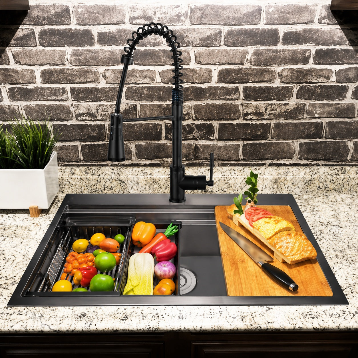 AKDY All in One Matte Black Finished Stainless Steel 33 in x 22 in Drop In Single Bowl Kitchen Sink with Spring Neck Faucet