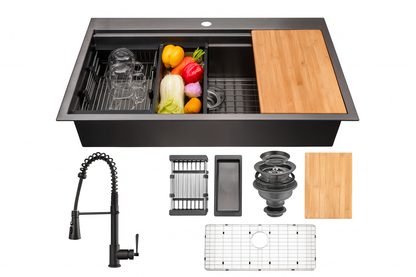AKDY All-in-One Matte Black Finished Stainless Steel 33 in. x 22 in. Single Bowl Drop-in Kitchen Sink with Spring Neck Faucet