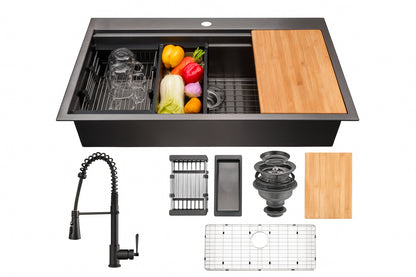 All in One Matte Black Finished Stainless Steel 33 in x 22 in Single Bowl Drop in Kitchen Sink With Spring Neck Faucet KS0531 KF12