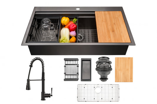 All in One Matte Black Finished Stainless Steel 33 in x 22 in Single Bowl Drop in Kitchen Sink With Spring Neck Faucet KS0531 KF12