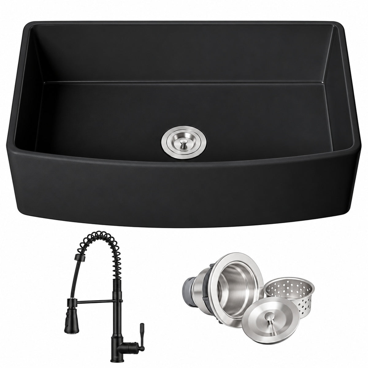 AKDY AK KS 33 in Apron Front Single Bowl Black Fireclay Kitchen Sink with Faucet and Basket Strainer KS813B 12