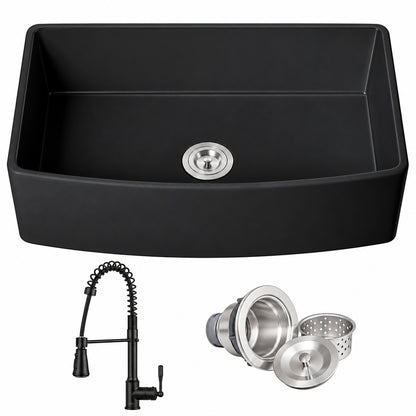 AKDY AK KS 33 in Apron Front Single Bowl Black Fireclay Kitchen Sink with Faucet and Basket Strainer KS813B 12
