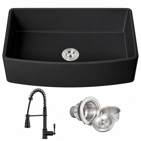 AKDY AK KS 33 in Apron Front Single Bowl Black Fireclay Kitchen Sink with Faucet and Basket Strainer KS813B 12