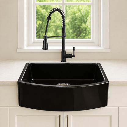 AKDY AK KS 33 in Apron Front Single Bowl Black Fireclay Kitchen Sink with Faucet and Basket Strainer KS813B 12
