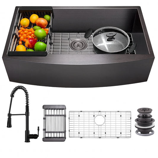 AKDY All-in-One Matte Black Finished Stainless Steel 33 in. x 22 in. Farmhouse Apron Mount Kitchen Sink with Faucet