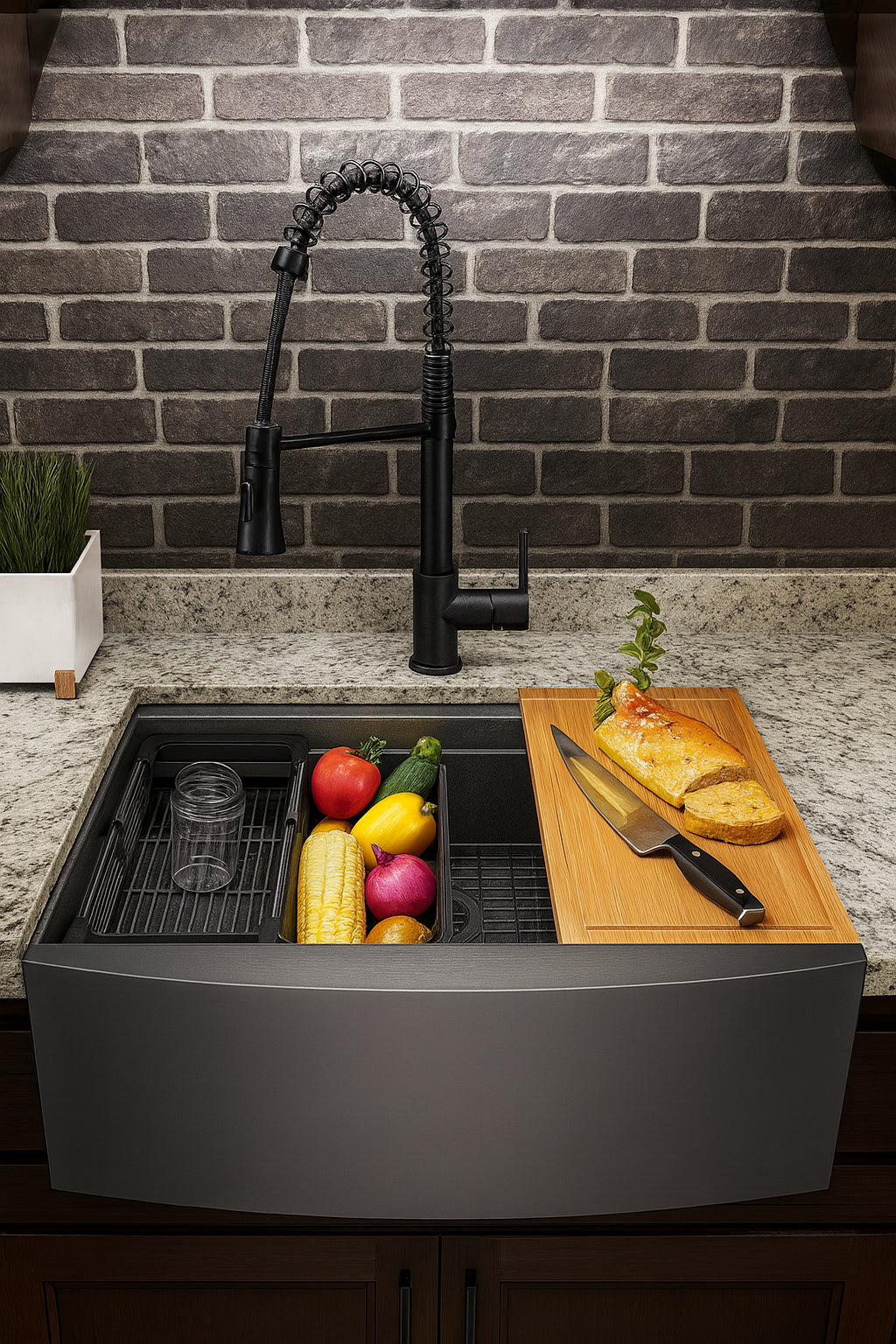 AKDY All-in-One Matte Black Finished Stainless Steel 33 in. x 22 in. Farmhouse Apron Mount Kitchen Sink with Faucet