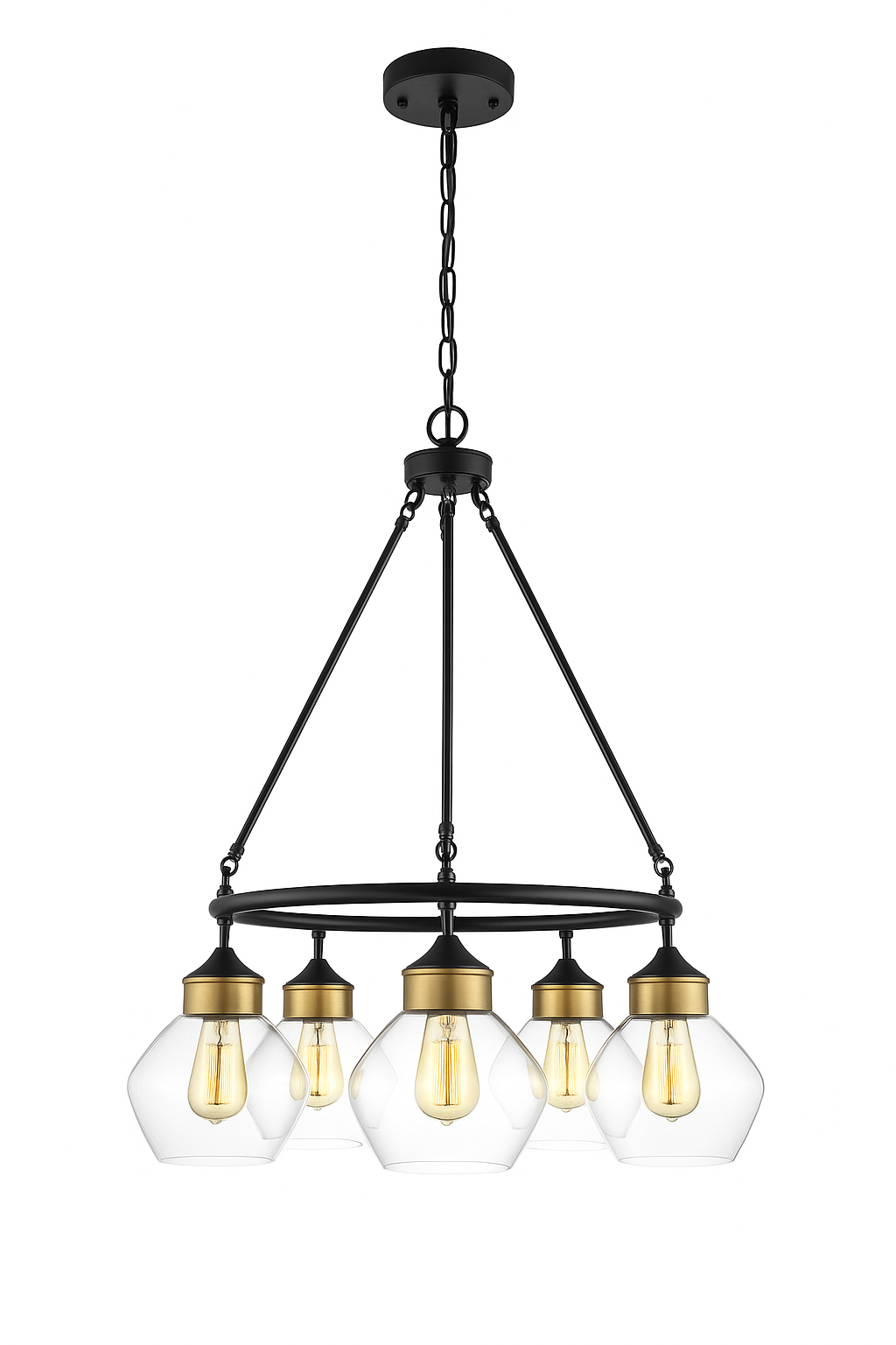 Globe Electric Harrow 5-Light Matte Black Chandelier with Gold Accent Sockets and Clear Glass Shades