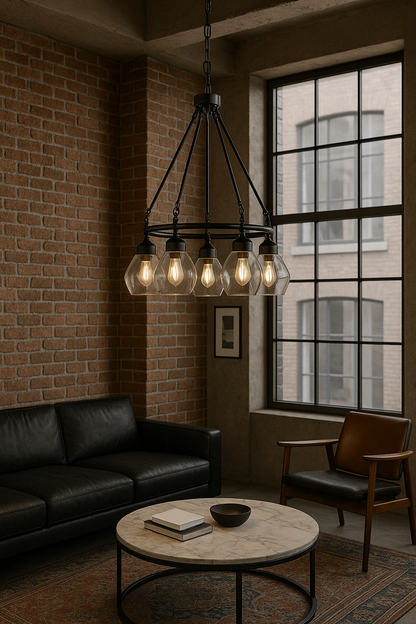 Globe Electric Harrow 5-Light Matte Black Chandelier with Gold Accent Sockets and Clear Glass Shades