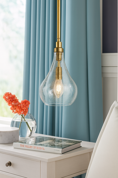 Uolfin Modern Island Pendant Light Iros 1 Light Brass Gold Teardrop Chandelier Pendant Light with Seeded Glass Shade