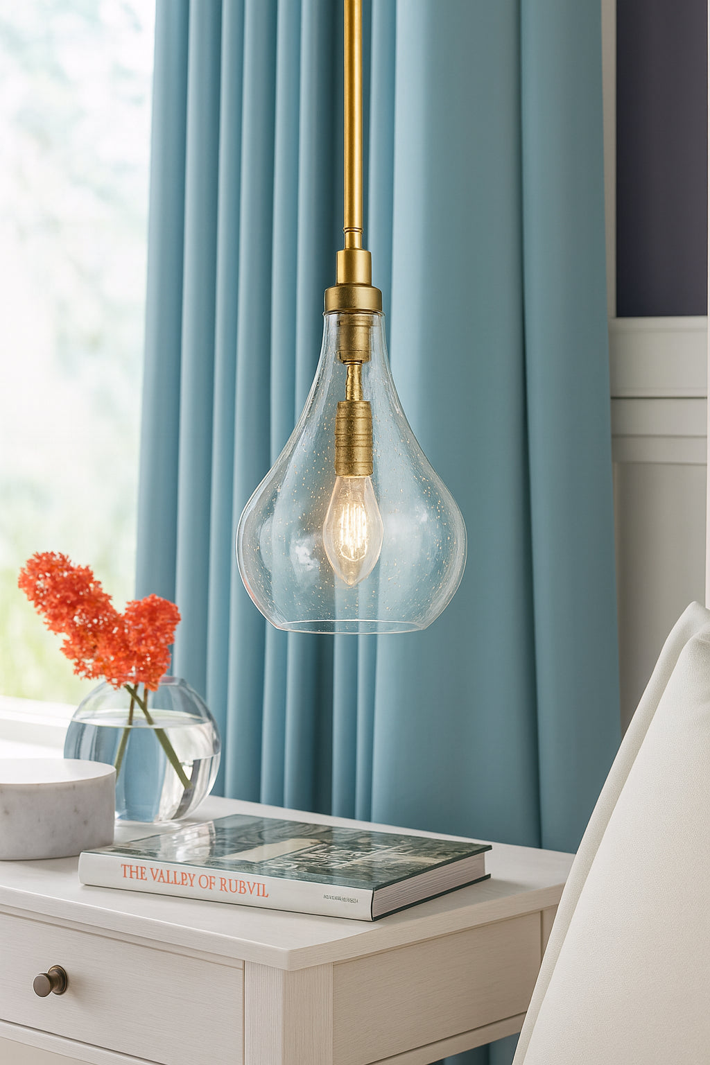 Uolfin Modern Island Pendant Light, Iros 1-Light Brass Gold Teardrop Chandelier Pendant Light with Seeded Glass Shade