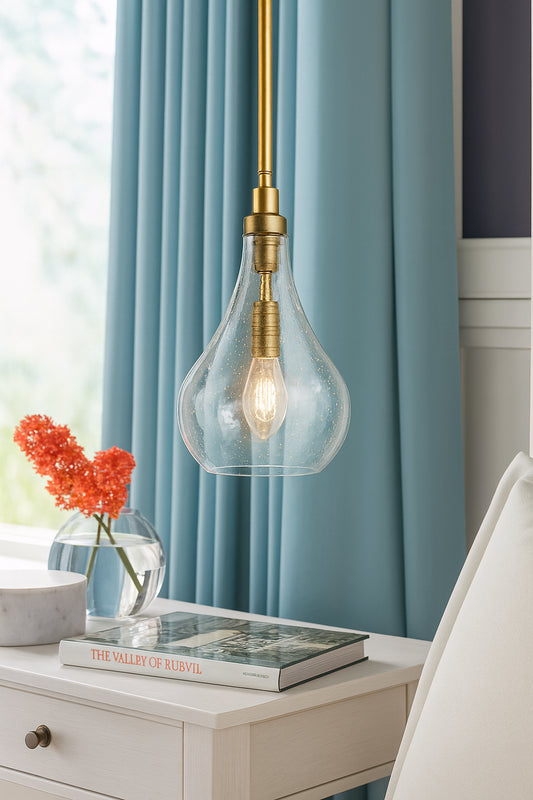 Uolfin Modern Island Pendant Light, Iros 1-Light Brass Gold Teardrop Chandelier Pendant Light with Seeded Glass Shade