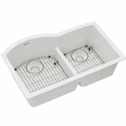 Elkay Quartz Classic White Quartz 33 in 60 40 Double Bowl Undermount Kitchen Sink with Bottom Grid and Drain