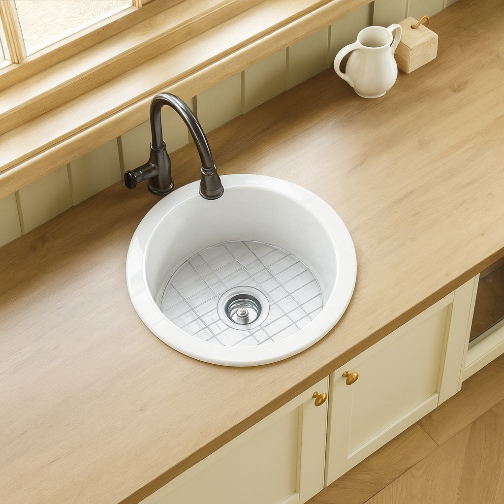 LORDEAR 18 x 18 in Round Undermount Bar Kitchen Sink Ceramic White with Sink Grid