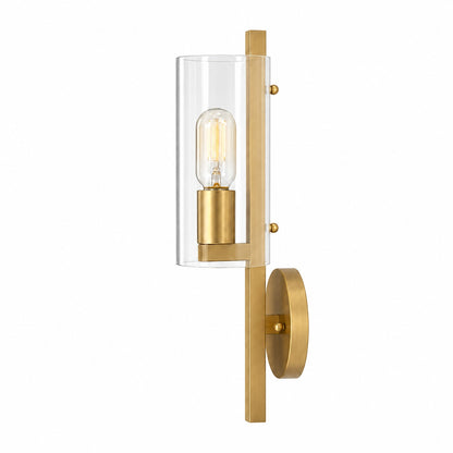 Uolfin 17 in H Modern Cylinder Powder Room Wall Sconce 1 Light Large Brass Gold Bathroom Single Light with Seeded Glass Shade