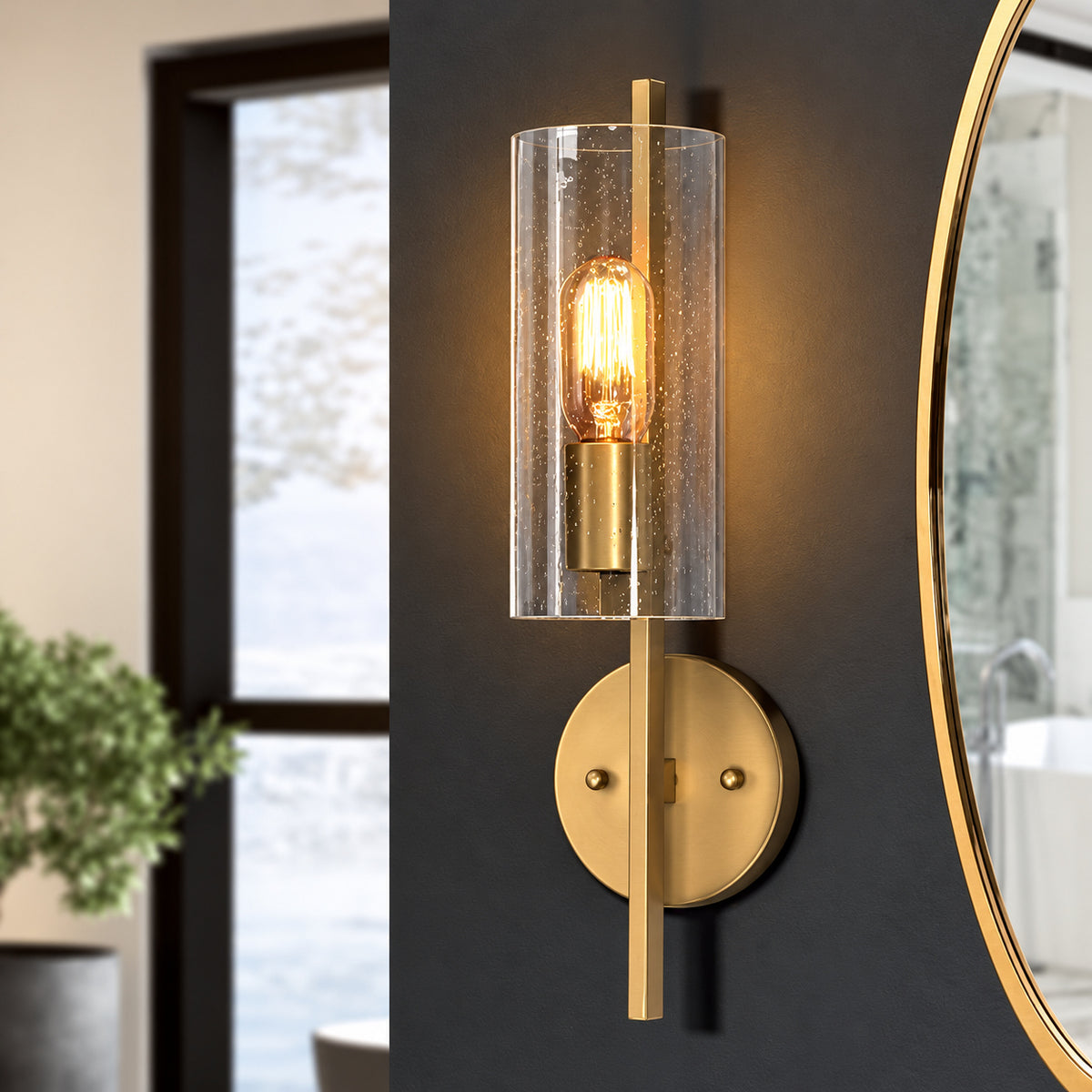 Uolfin 17 in H Modern Cylinder Powder Room Wall Sconce 1 Light Large Brass Gold Bathroom Single Light with Seeded Glass Shade