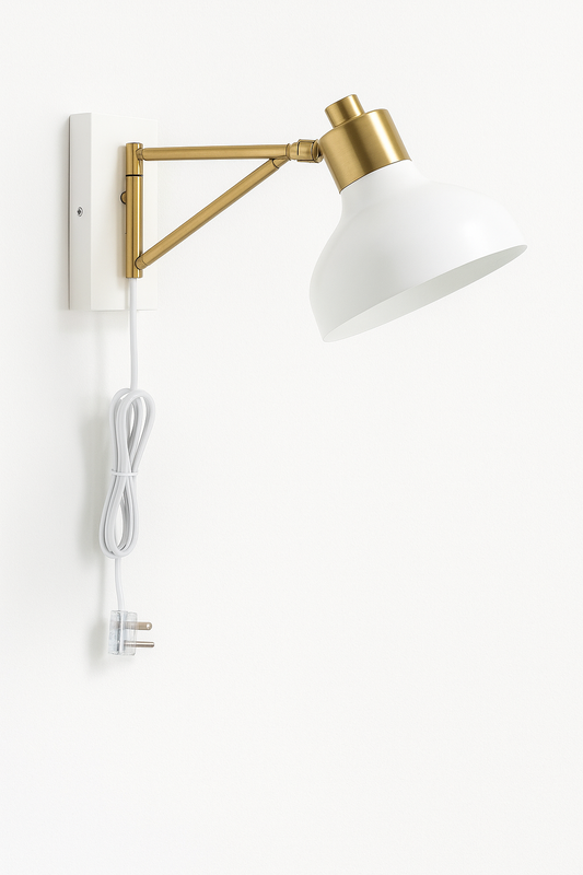 Globe Electric Campbell 1-Light White and Brass Plug-In or Hardwire Swing Arm Wall Sconce with 6 ft. Cord