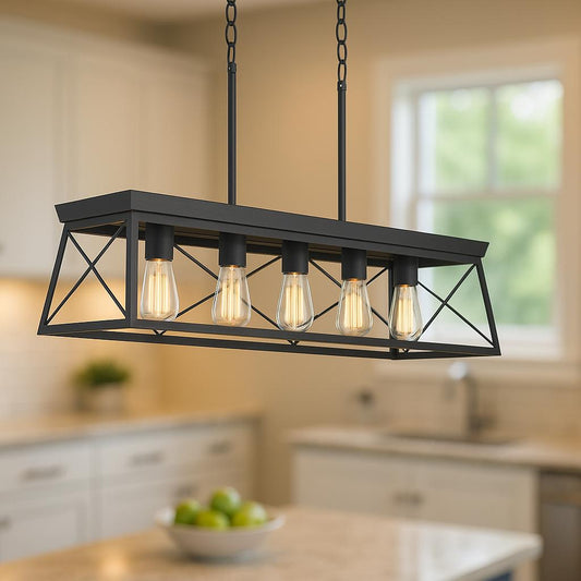 Progress Lighting Briarwood Collection 5-Light Ceruse Black Farmhouse Linear Island Chandelier Light