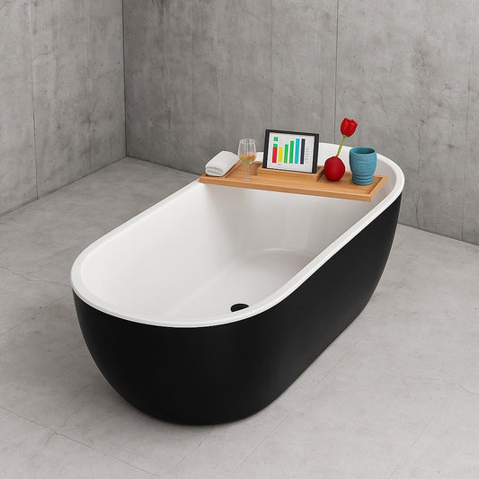 59 in. Acrylic Flatbottom Freestanding Bathtub in Glossy Black with Matte Black Drain