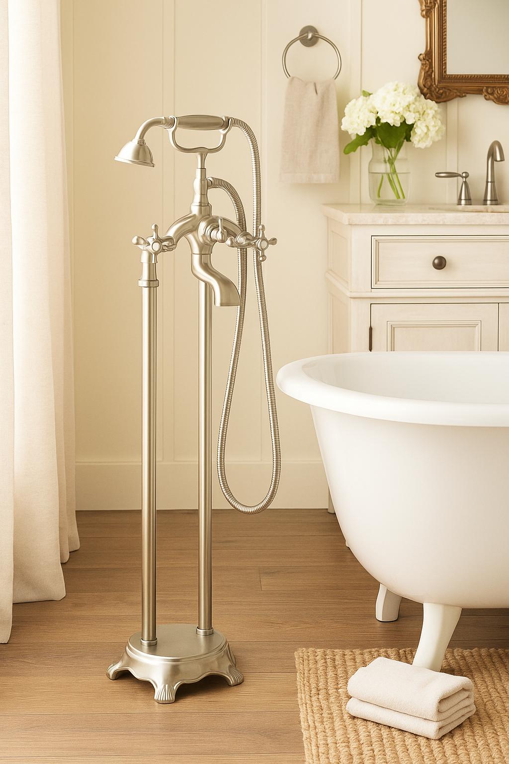 Dimakai 3-Handle Claw Foot Tub Faucet Brass with Hand Shower Head in Brushed Nickel