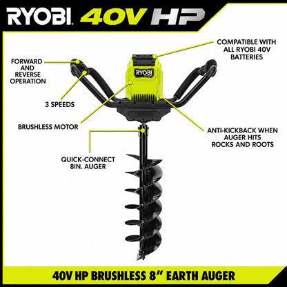 RYOBI 40V HP Brushless Cordless Earth Auger with 8 in Bit Tool Only RY40701BTL