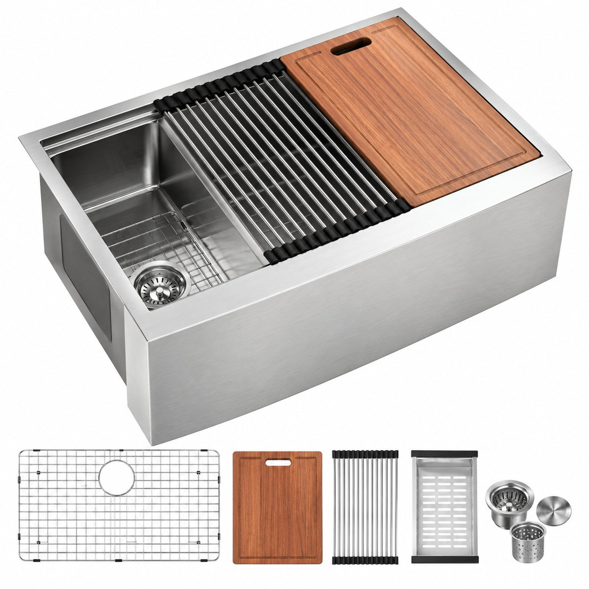 Nivencai 36 in Farmhouse Apron Front Single Bowl 16 Gauge Brushed Nickel Stainless Steel Kitchen Sink with Accessories UFSEU 24
