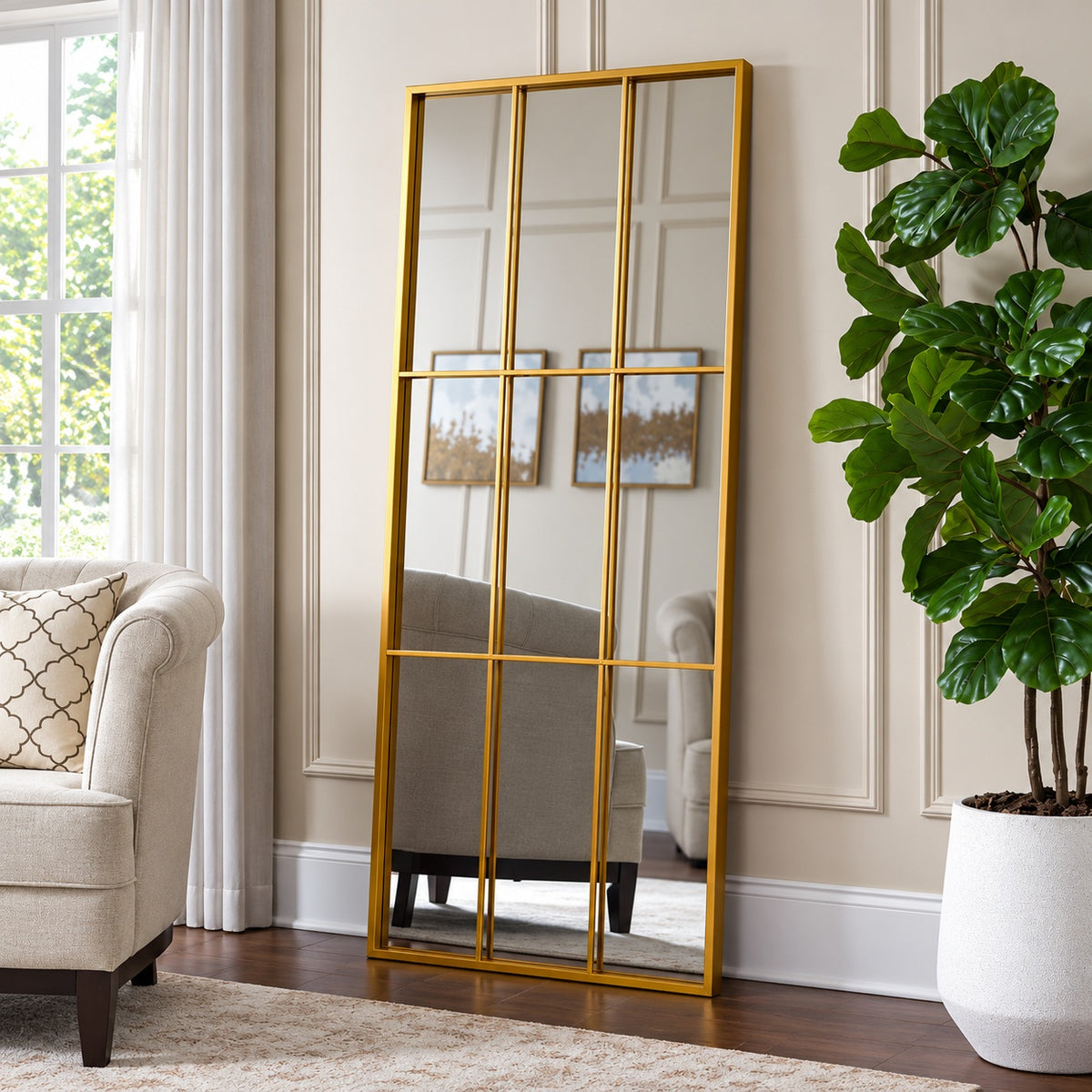 Home Decorators Collection Oversized Gold Metal Frame Windowpane Classic Floor Mirror 70 in H x 29 in W 19MJE2742 G