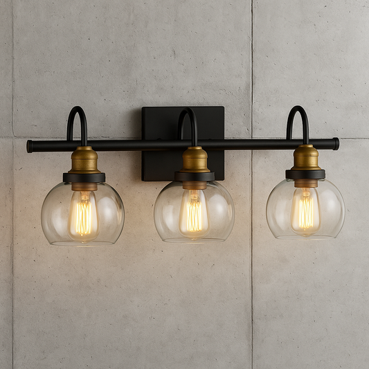 LNC 22 in 3 Light Modern Aged Brass and Black Bathroom Vanity Light with Clear Glass Globe Shades IZMFUQHD1381237/316365888 810060699331 LNC