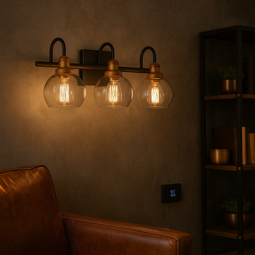 LNC 22 in 3 Light Modern Aged Brass and Black Bathroom Vanity Light with Clear Glass Globe Shades IZMFUQHD1381237/316365888 810060699331 LNC