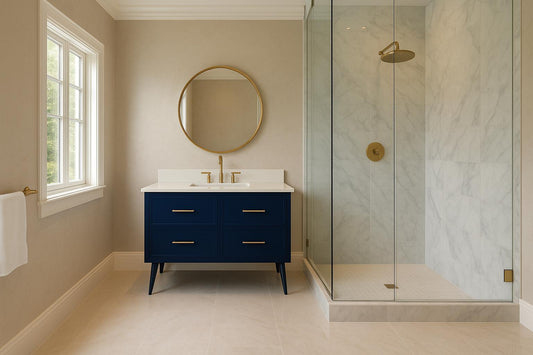 Timeless 42 in. W Single Bath Vanity in Blue with Engineered Stone Vanity Top in Ivory with White Basin with Backsplash 193007186683 Unbranded