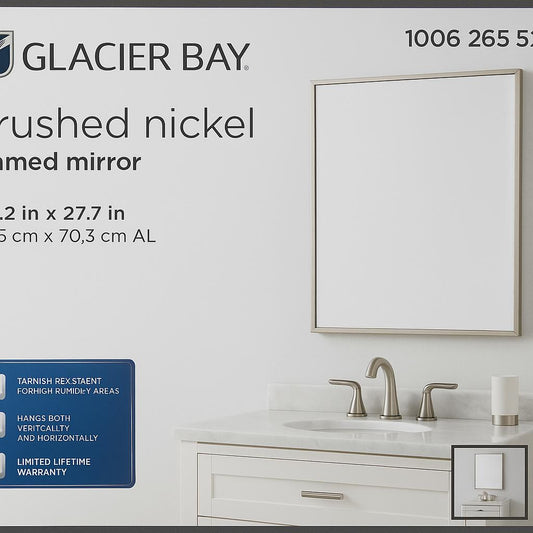 Glacier Bay 22.2 in. W x 27.7 in. H Rectangular Polystyrene Framed Wall Bathroom Vanity Mirror in Brushed Nickel