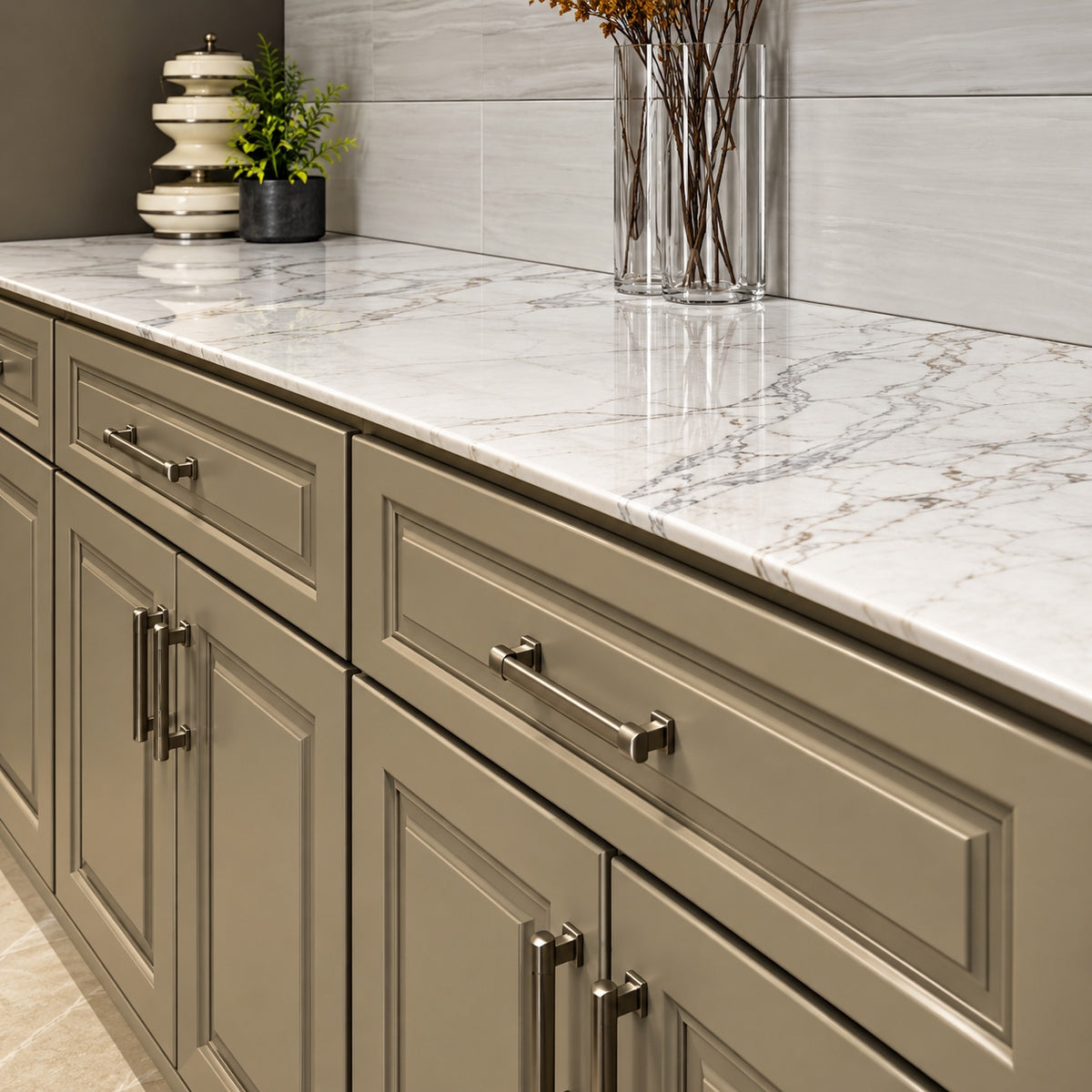 6 ft L x 25 in D Engineered Composite Countertop in Calcutta Blanc with Satin Finish TSTB TS501 LR 25x72