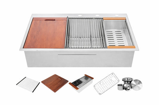 eModernDecor 16 Gauge Stainless Steel 36 in Single Bowl Drop In Workstation Kitchen Sink with Accessories