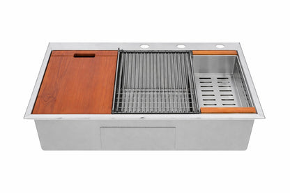 eModernDecor 16 Gauge Stainless Steel 36 in Single Bowl Drop In Workstation Kitchen Sink with Accessories