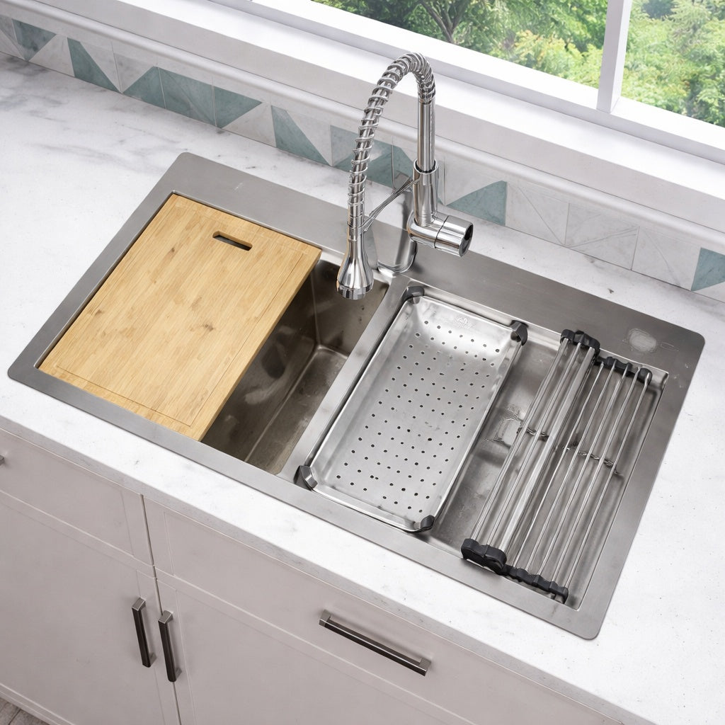 Glacier Bay Professional Zero Radius 36 in Undermount Double Bowl 16 Gauge Stainless Steel Workstation Kitchen Sink with Accessories