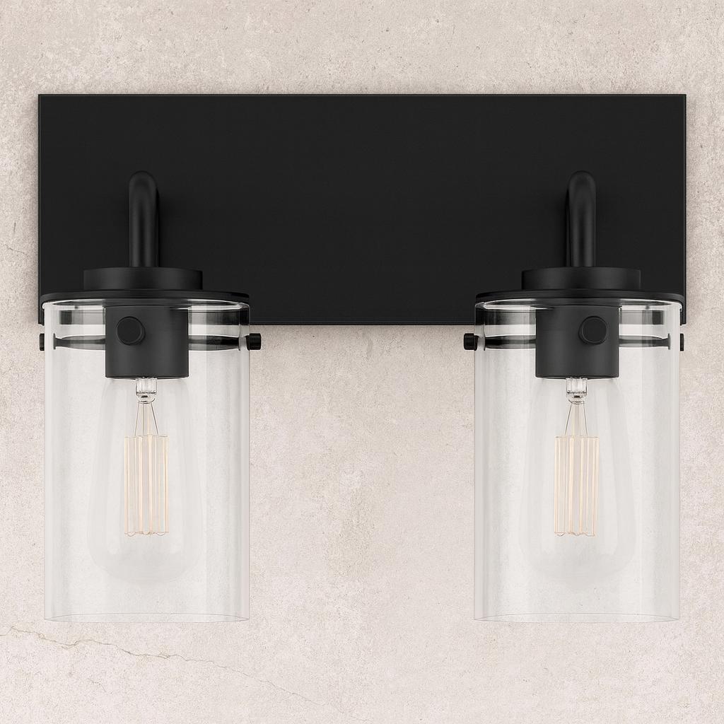 Regan 12.75 in. 2-Light Matte Black Bathroom Vanity Light with Clear Glass Shades