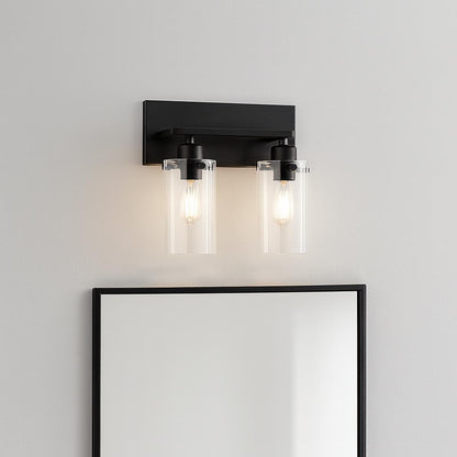 Regan 12.75 in. 2-Light Matte Black Bathroom Vanity Light with Clear Glass Shades
