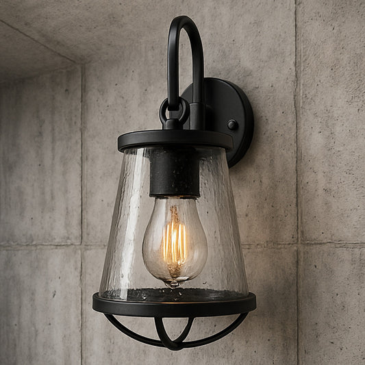 Home Decorators Collection Georgina 5 75 in 1 light Matte Black Industrial indoor wall sconce with Clear Seeded Glass Shade HB2627 43/316691265 46335107649 Home Decorators Collection