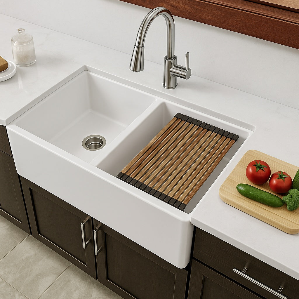 Elkay Fireclay 33 in Farmhouse Apron Front Offset 60 40 Double Bowl White Fireclay Kitchen Workstation Sink Only