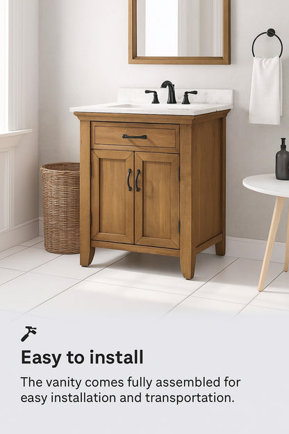 Home Decorators Collection Bellington 30 in Single Sink Almond Toffee Bath Vanity with White Engineered Stone Top Assembled