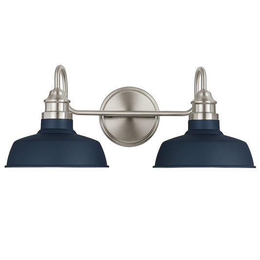 Hampton Bay Elmcroft 18.25 in. 2-Light Brushed Nickel Farmhouse Vanity with Cobalt Blue Metal Shades