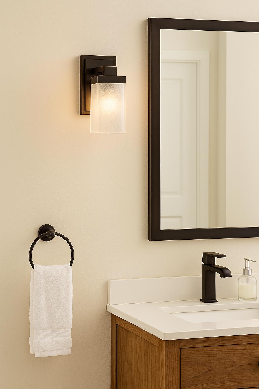 Hampton Bay Hartford Lake 7.28 in. 1-Light Oil Rubbed Bronze Indoor Wall Sconce with Linen Glass Shade, Rustic Farmhouse Wall Light