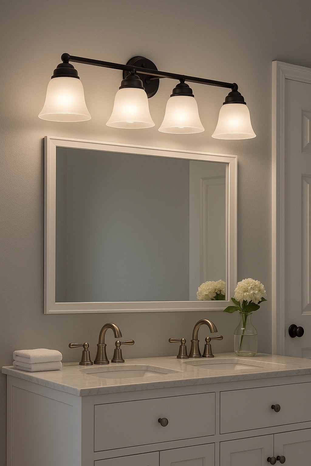 Ashhurst 32 75 in 4 Light Oil Rubbed Bronze Bathroom Vanity Light with Frosted Glass Shades EGM1304AX 02 OR