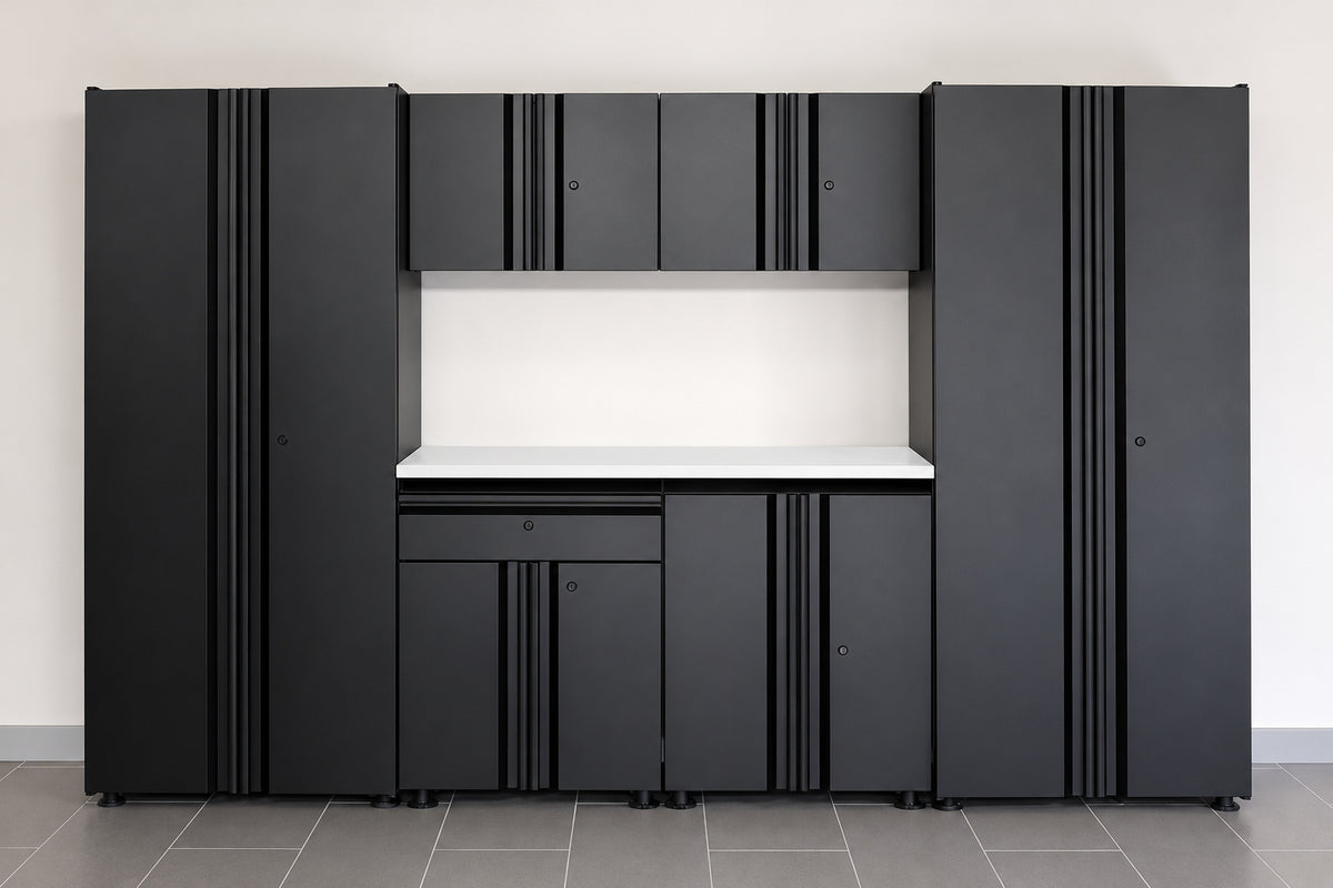 Husky 7 Piece Regular Duty Welded Steel Garage Storage System in Black 109 in W x 75 in H x 19 6 in D GS10807 1DSS