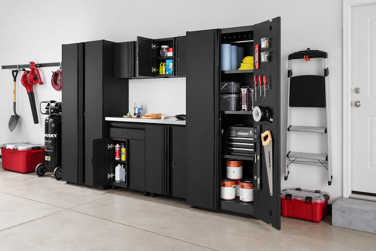 Husky 7 Piece Regular Duty Welded Steel Garage Storage System in Black 109 in W x 75 in H x 19 6 in D GS10807 1DSS